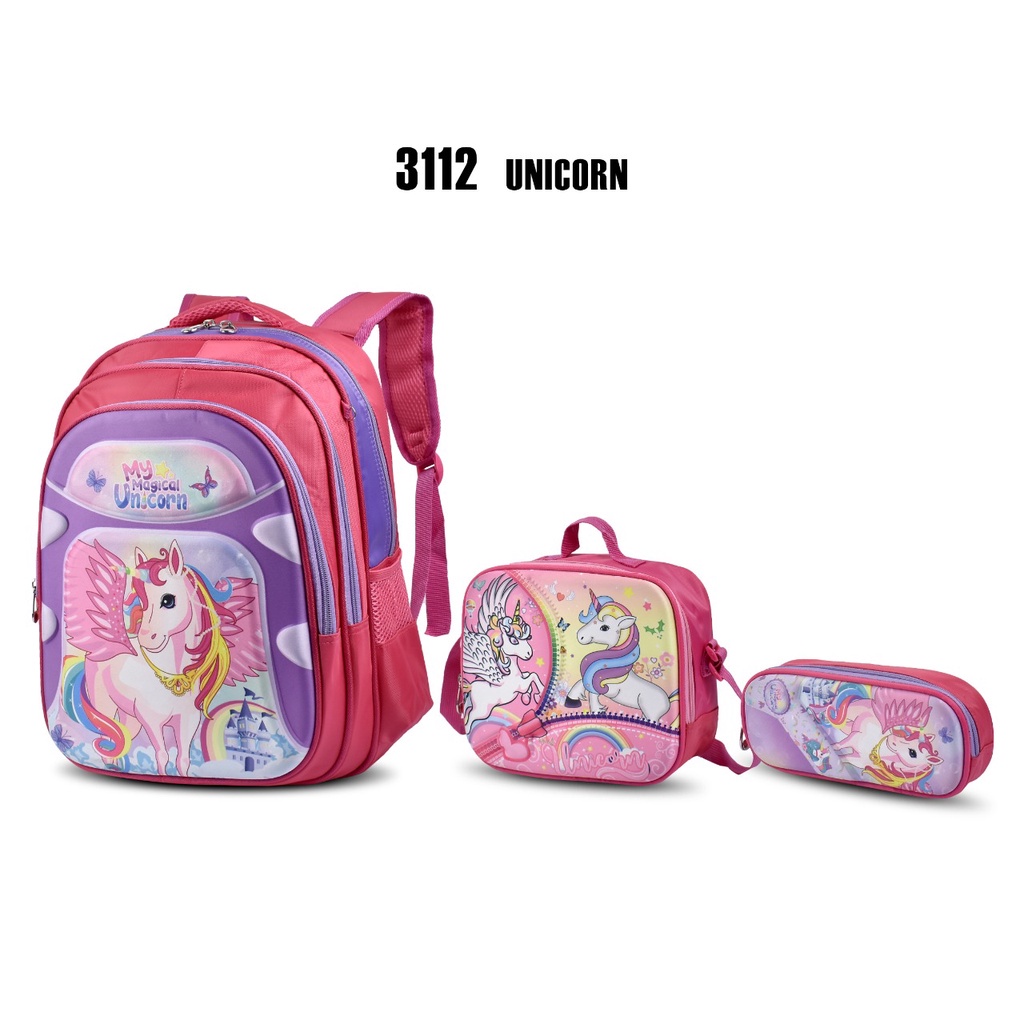 (RF) Tas Sekolah Cartoon 3112 Set 3 Tas Sekolah Selempang Ransel Anak (Free Selempang+Kotak Pensil)