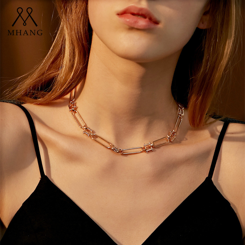 【MHANG】Kalung Pendek Rantai Tebal Sederhana Dalam Rantai Klavikula Wanita Ceruk Mewah Ringan Aksesoris Jahitan Mode Retro