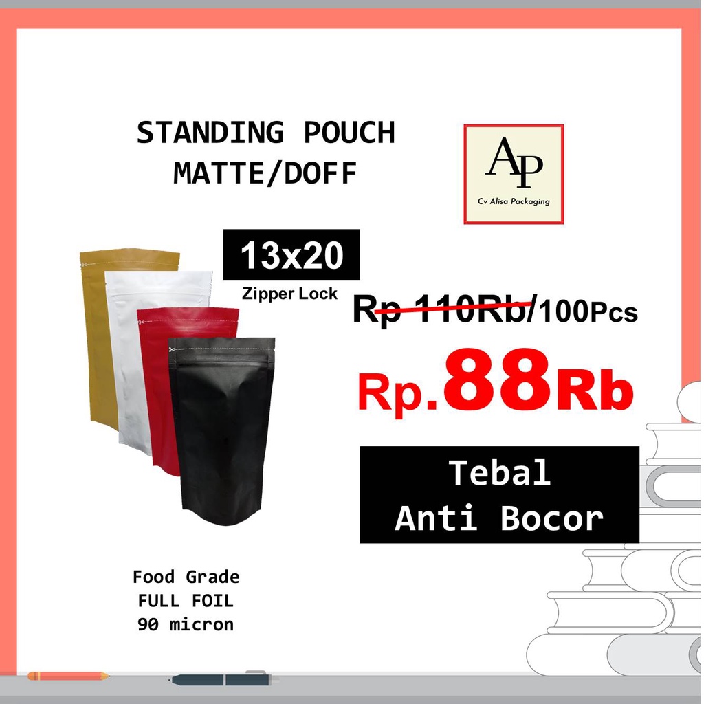 

Kemasan Standing Pouch Aluminium Foil Putih Food Grade Ziplock 13x20