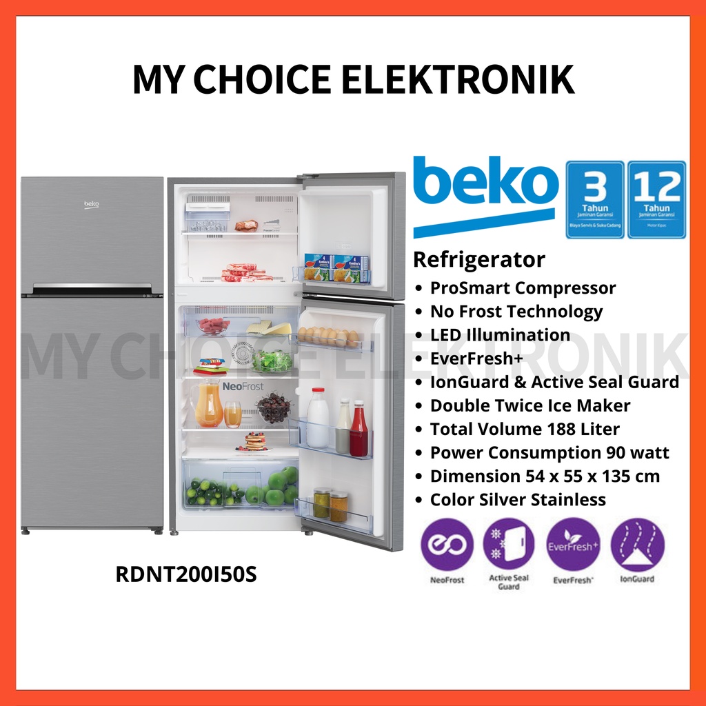 BEKO Kulkas 2 Pintu RDNT200I50S (200 L) No Frost - Low Watt - Gray