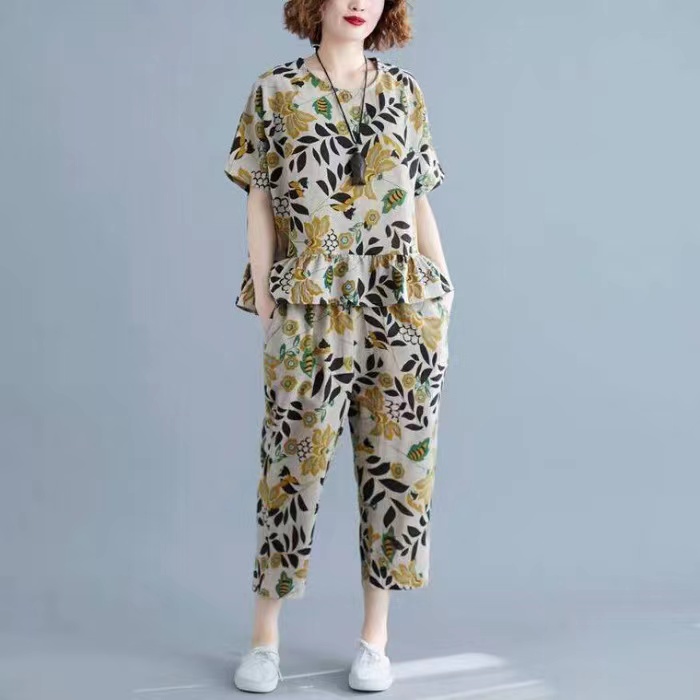 Stok bersih One Set Baru Kaos dan Celana Setelan Wanita Longgar Blus Katun Linen Lengan Pendek Motif Bunga + Celana Kasual Stelan Set