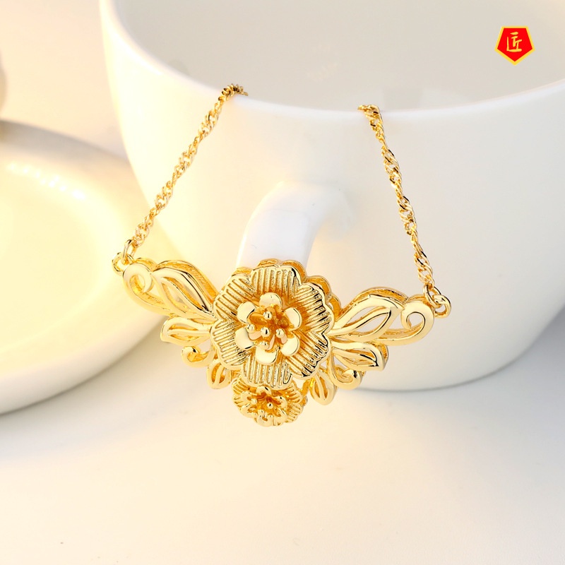 [Ready Stock]Gold Stud Earrings Vintage Flower Jewelry Necklace Set for Women