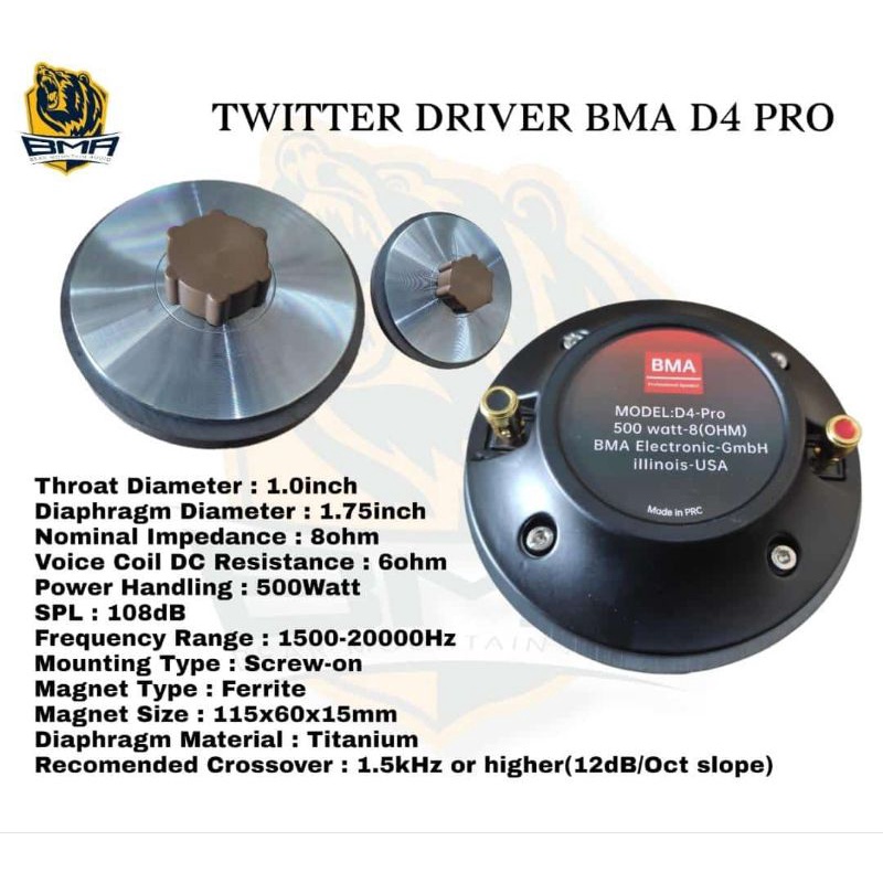 Driver tweter BMA D4 Pro, D5 Pro, BMA D4 biasa