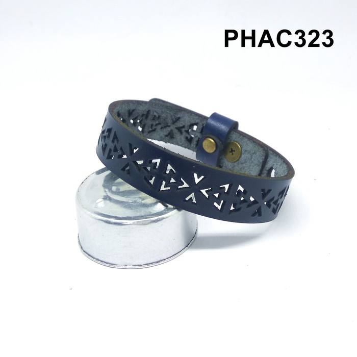 Gelang laser kulit asli motif etnik bracelet warna biru PHAC323