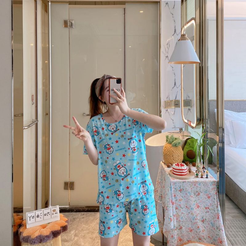NEW SET PIYAMA IMPORT / SLEEPWEAR / BAJU TIDUR MURAH-Set Doraemon biru