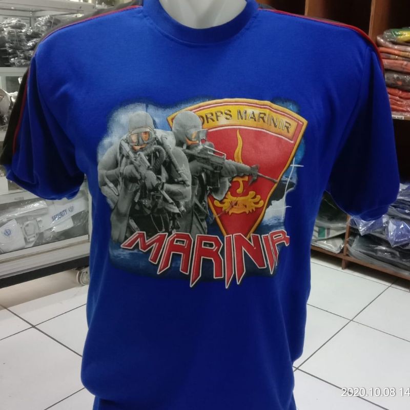 Kaos kombinasi pundak tulisan gambar marinir warna biru|Kaos kombinasi Marinir