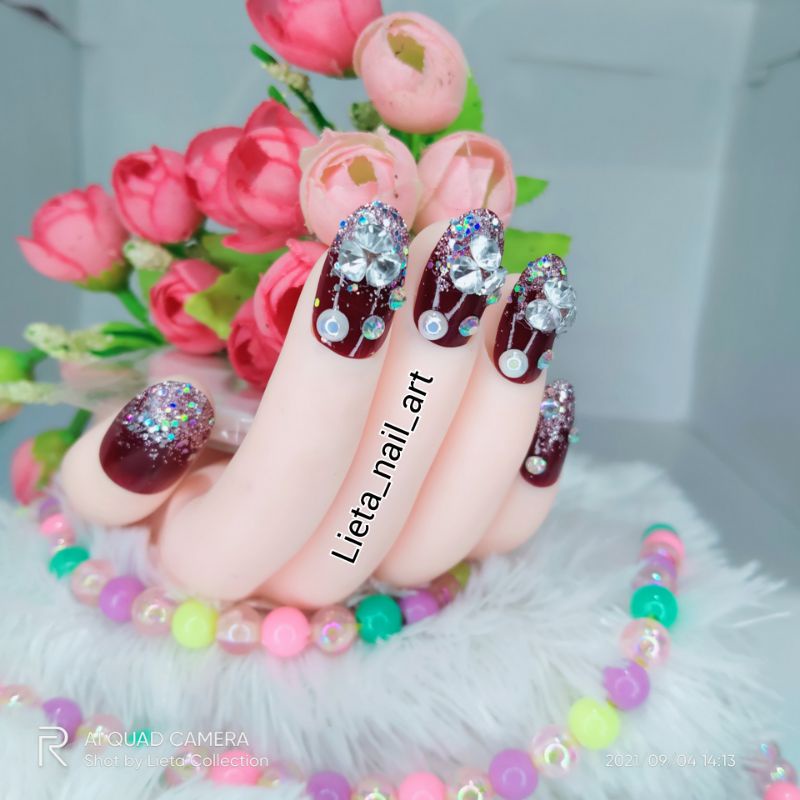 kuku palsu wedding 3d kupal maroon kupal wedding fake nail art