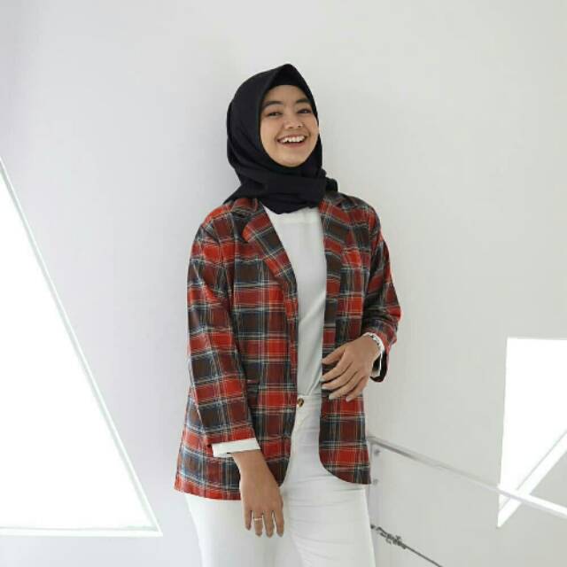 Blazer Cewek Wanita Motif Kotak-Kotak Tartan Plaid Blazer