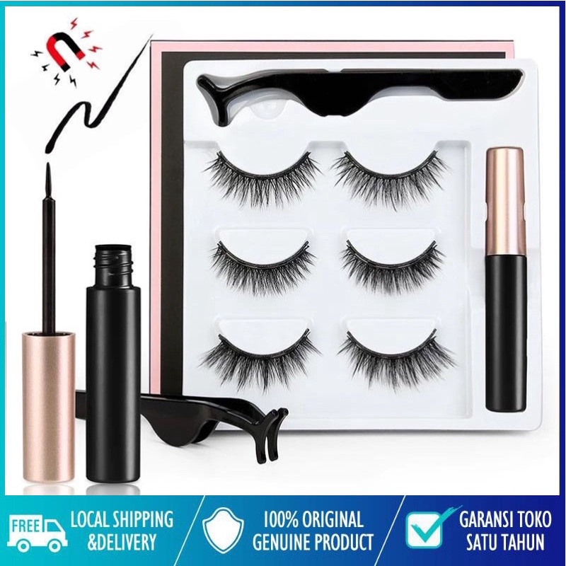 COD*Bulu Mata Magnet 3 Pasang Set Bulu Mata Palsu Magnetik Magnet 3D Premium Silk Eyelash Magnetic Eyeliner Bulu Mata Palsu Magnetik