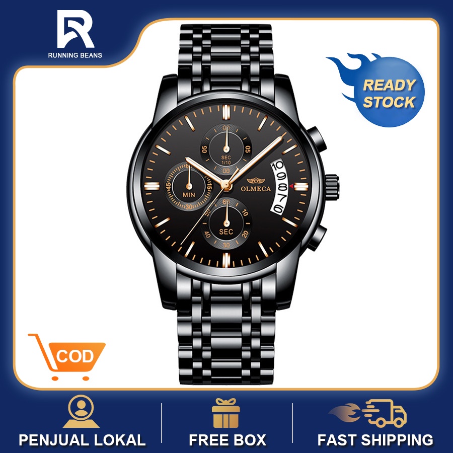 ✅COD OLMECA 100%Ori Elegan Jam Tangan Pria Hitam Anti Air Boys Watch Dan Mewah Stainless Steel Lumin