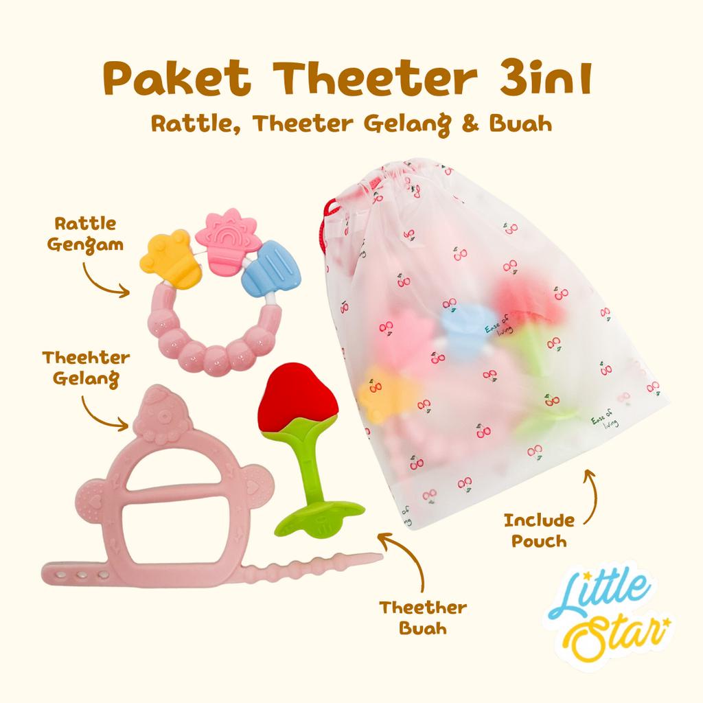 LS 3in1 Paket Mainan Gigitan Bayi Baru Lahir Newborn Baby Theether Empeng Buah Gelang Gengam Rattle Silikon Kerincingan BPA Free