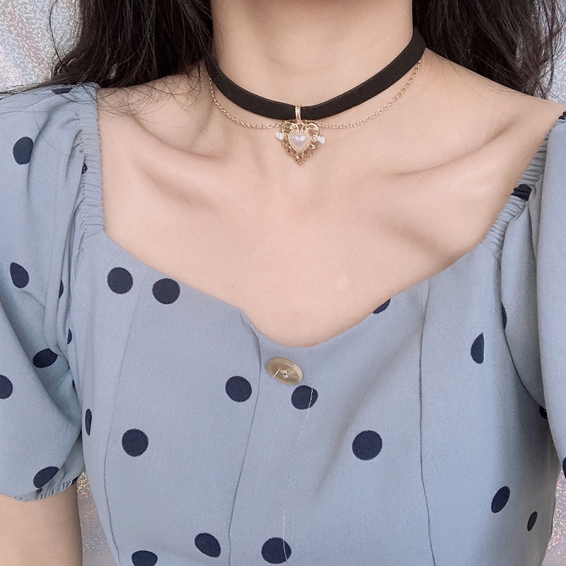 &lt; E2id &amp; &gt; Kalung Choker Velvet Hitam Pendan Hati Gaya Vintage Untuk Wanita