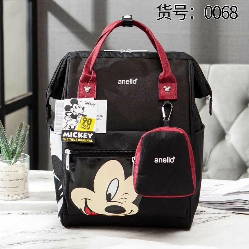 Tas ransel anello large mickey mix colour/diapers baackpack free dompet kecil