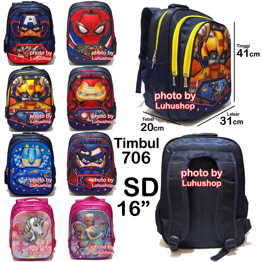 Tas SD TK Ransel Sekolah Anak Laki Laki 706 Cowok Superhero Timbul Otot Body Batman Spiderman Kapten