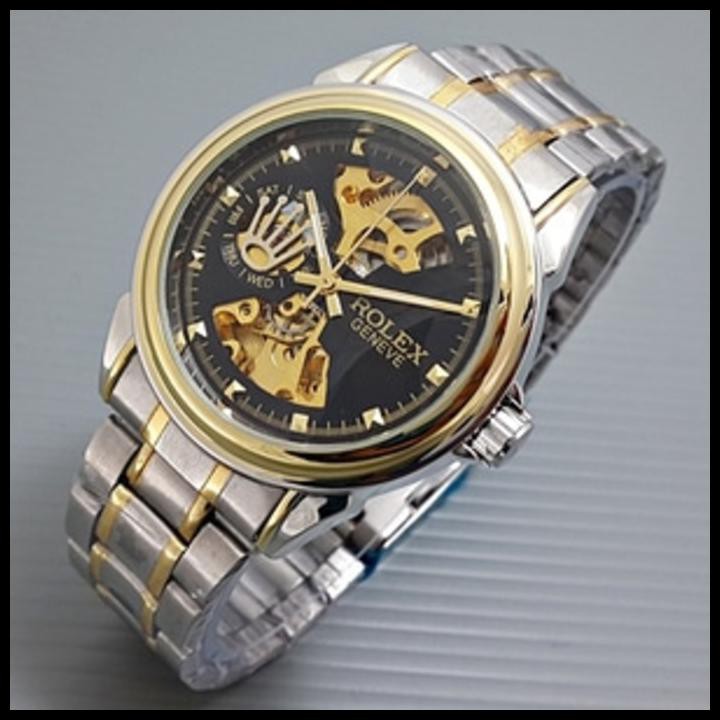TERMURAH ROLEX SKELETON GENEVE RANTAI COMBI BLACK 