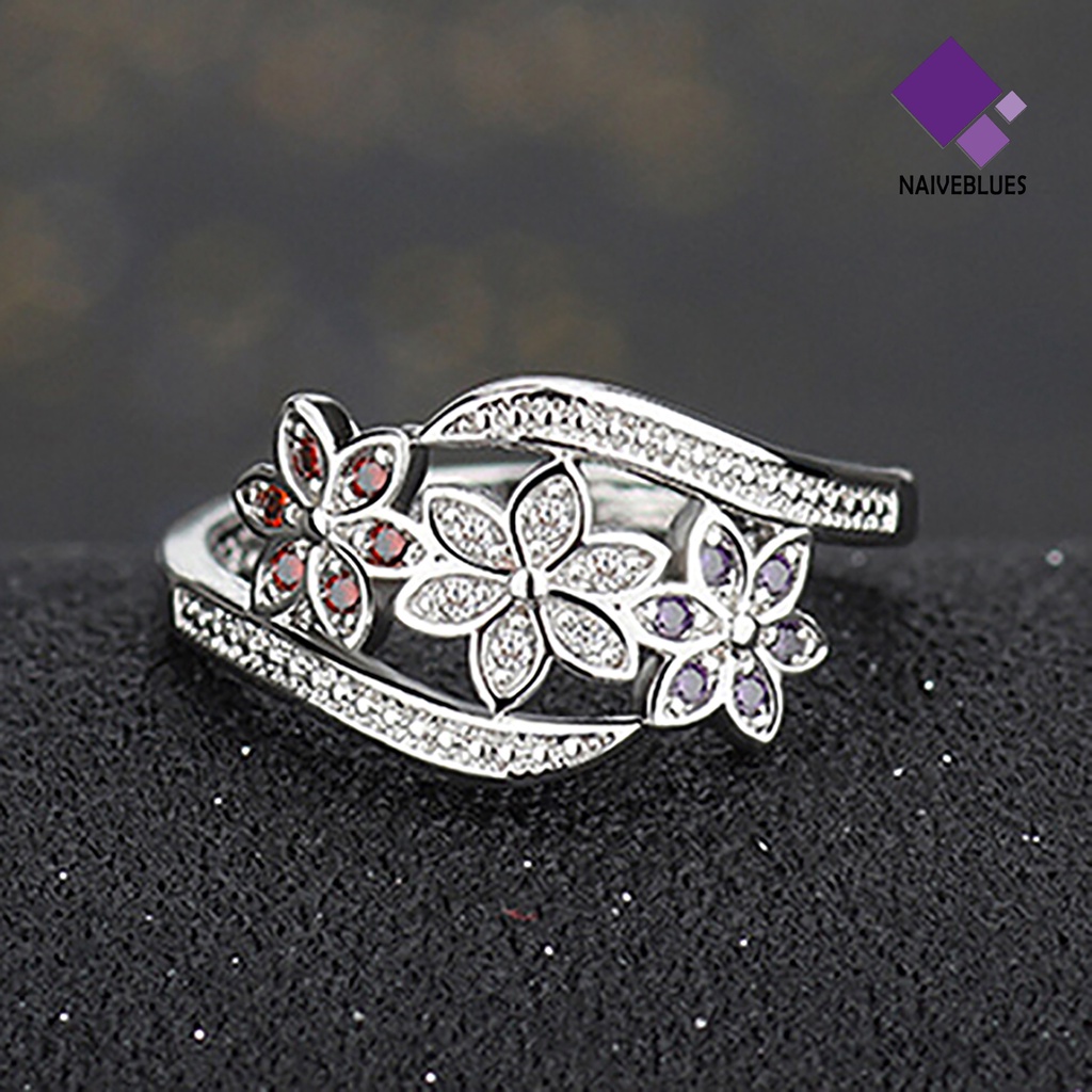 Cincin Lapis Silver Desain Bunga Aksen Zirconia Untuk Wanita