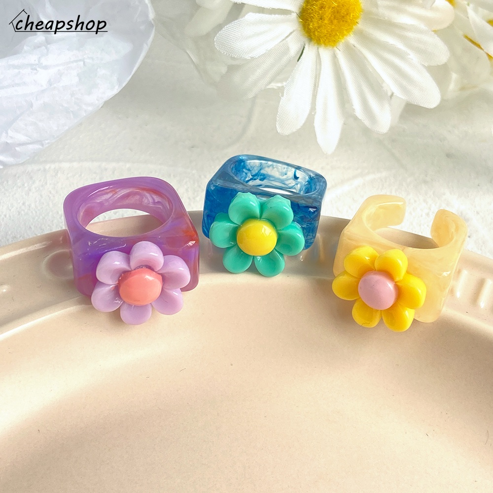 IFYOU Fashion Ins Resin Ring Colorful Transparent Cute Flower Finger Ring Women Jewelry Accessories