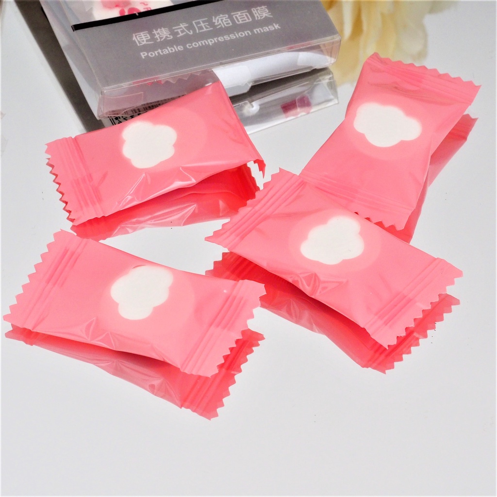 Compressed Mask BOX ISI 8 PCS Compress Facial Sheet Face Paper DIY Masker Permen Wajah Pink Putih