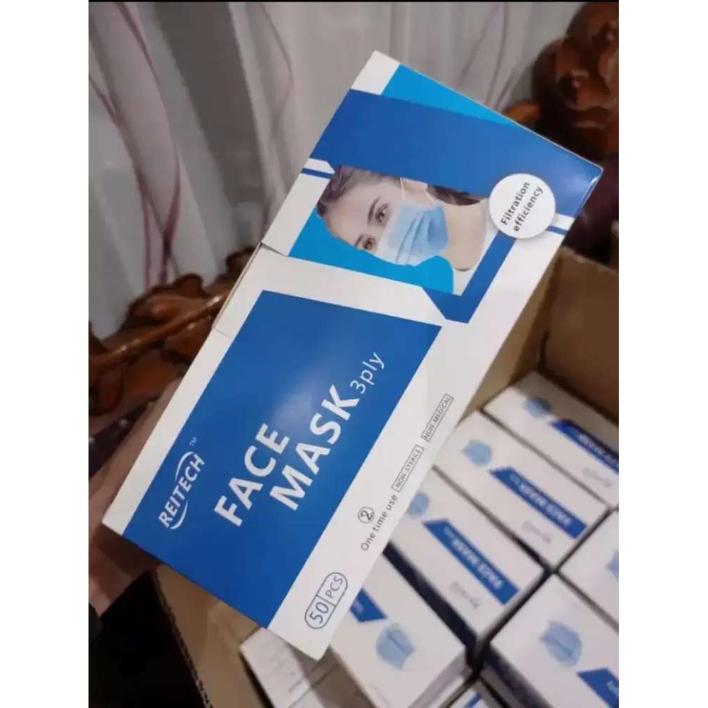 (COD) Masker Medical Reitech 3Ply Isi 50 Pcs / Masker REITECH 3 Ply Biru Disposable Face Mask