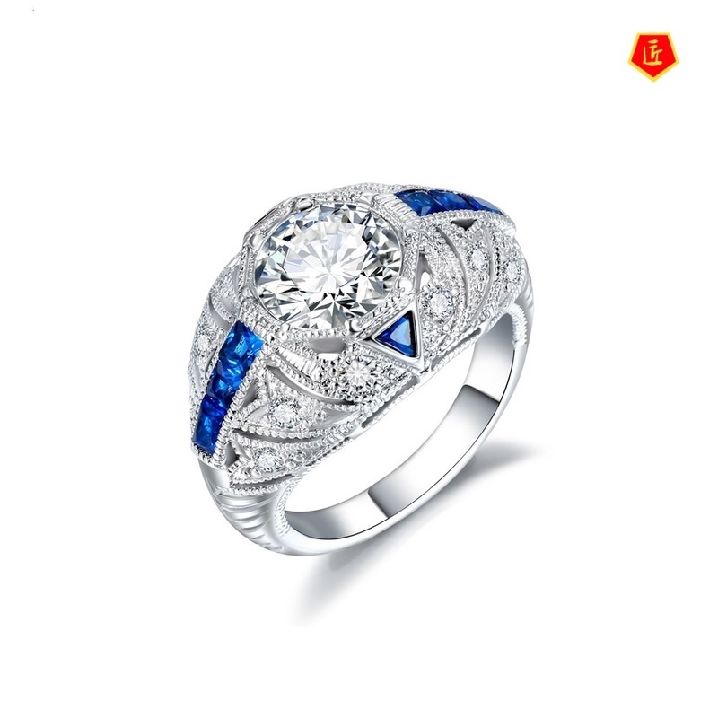 [Ready Stock]Elegant 925 Silver Sapphire Diamond Ring