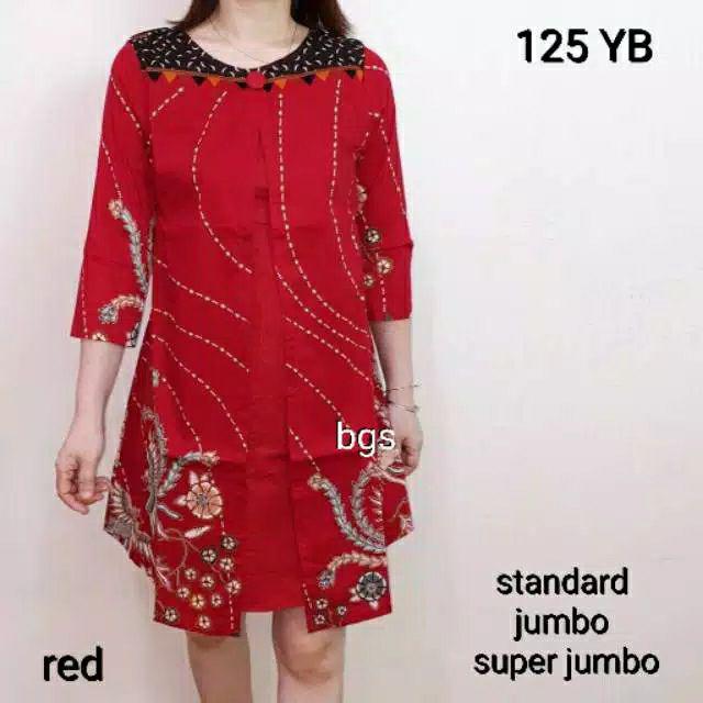 Dress Batik Tunik Warna Merah Edisi Imlek, 125 Bk# Bahan Katun Stretch