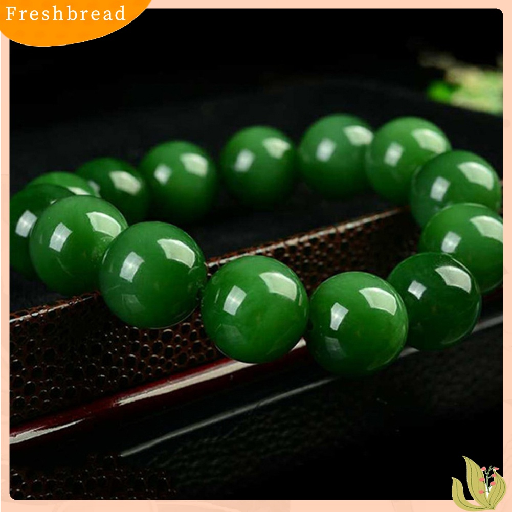 ?Fresh?? Gelang Tangan Unisex Manik Giok Imitasi Bulat Hijau Tua Elastis 10mm