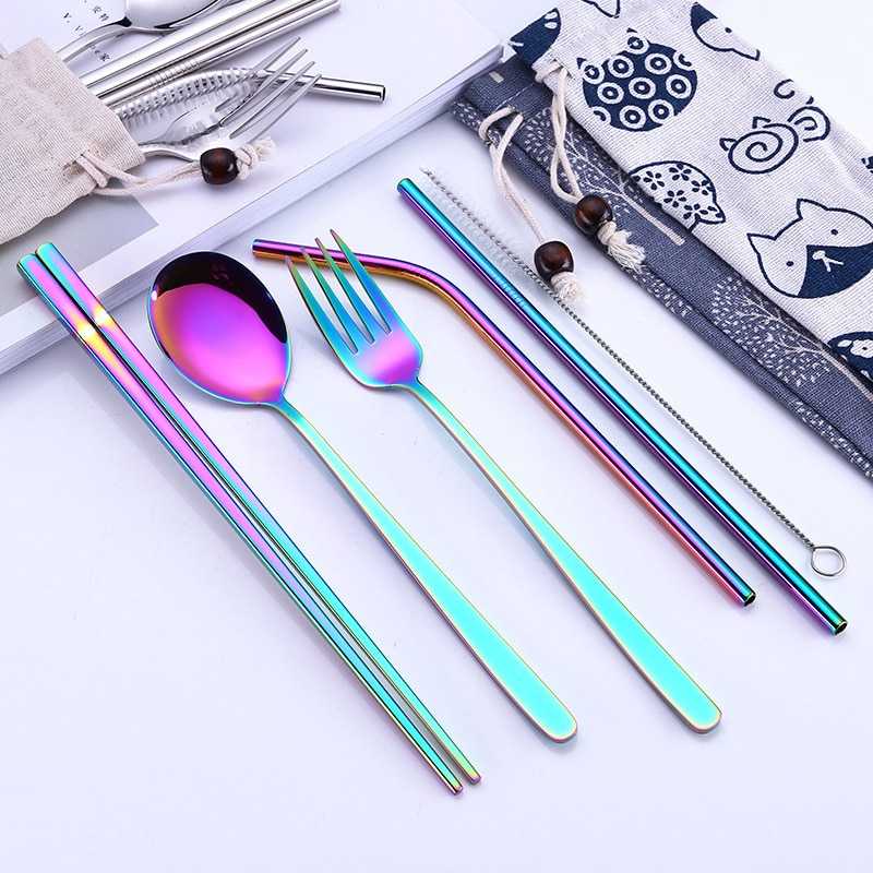 TD-AI Tofok Cutlery Set Perlengkapan Makan Sendok Garpu Blue Cloth Bag - T10