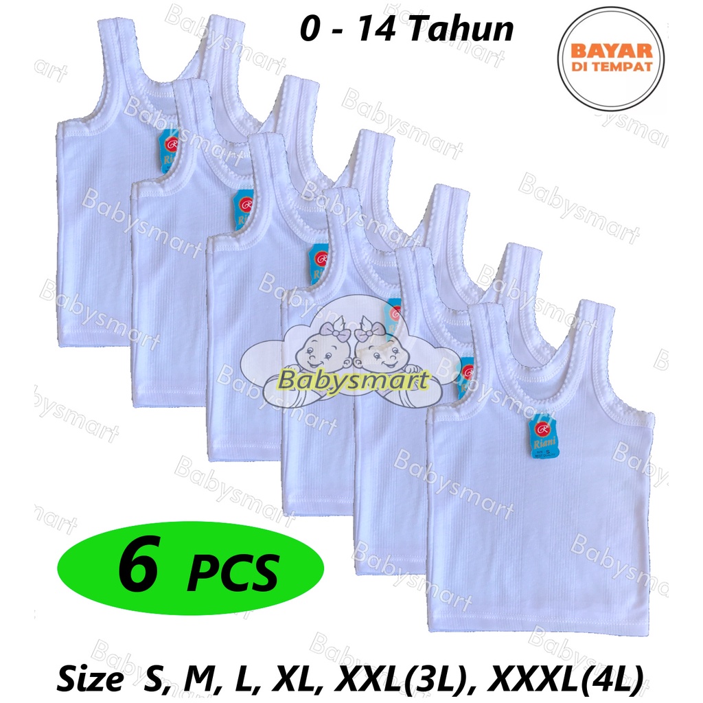 Babysmart - 6 PCS Kaos Dalam / Singlet Bayi/Anak PUTIH/WARNA RIANI/ORIN / singlet bayi new born - 13 Tahun Size S, M, L, XL, 3L, 4L