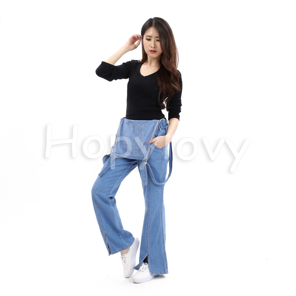 HOPYLOVY - Overall Jeans Washed Wanita Zipper Yurisa