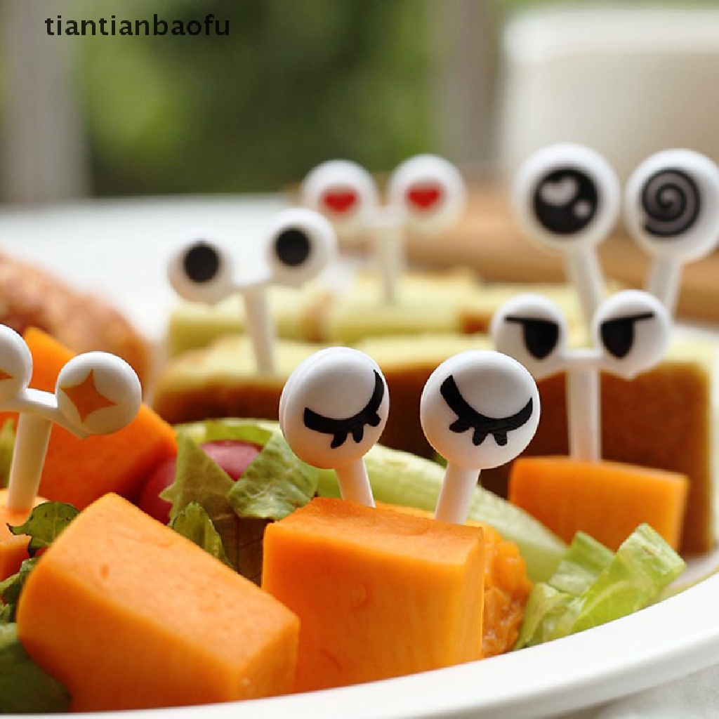 [tiantianbaofu] 10Pcs/Set Mini Skewers Cute Cartoon Eyes Kawaii Lunch Bento Box Food Fruit Fork Boutique