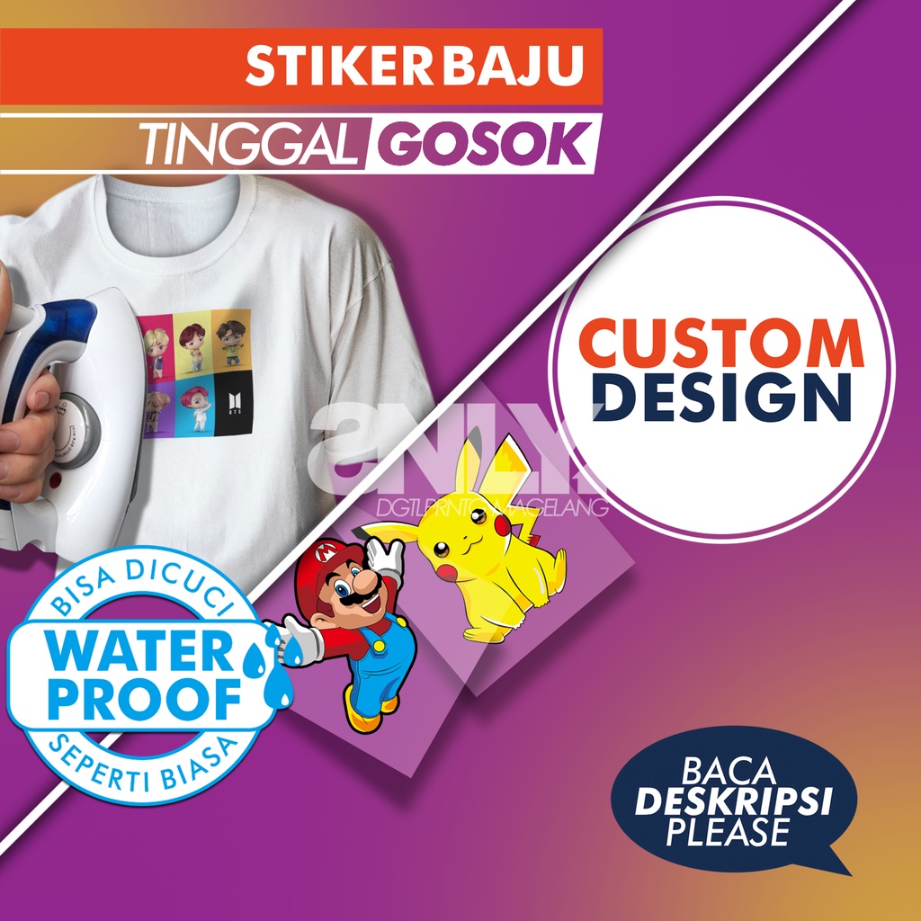 

Stiker Baju Sablon Sticker Setrika Custom Transparan Waterproof Ukuran Kecil & Sedang