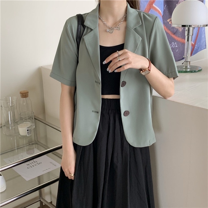 【bayar di tempat】Blazer lengan pendek Wanita Crop top Korean style Jaket Pendek Warna Polos