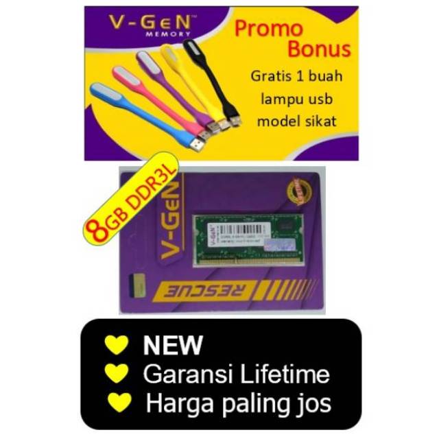 V-GEN 8GB DDR3L pc12.800, sodim/ram laptop, ORIGINAL Garansi lifetime