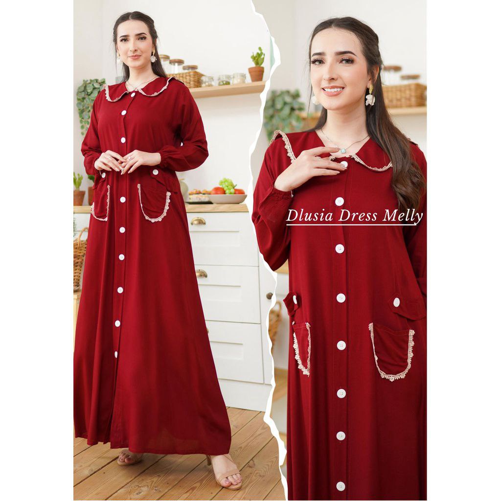 Gamis Terbaru Renda Dlusia Melly Rayon Premium Dress Wanita Kerah Peterpan Longdress Full Kancing LD 115 cm