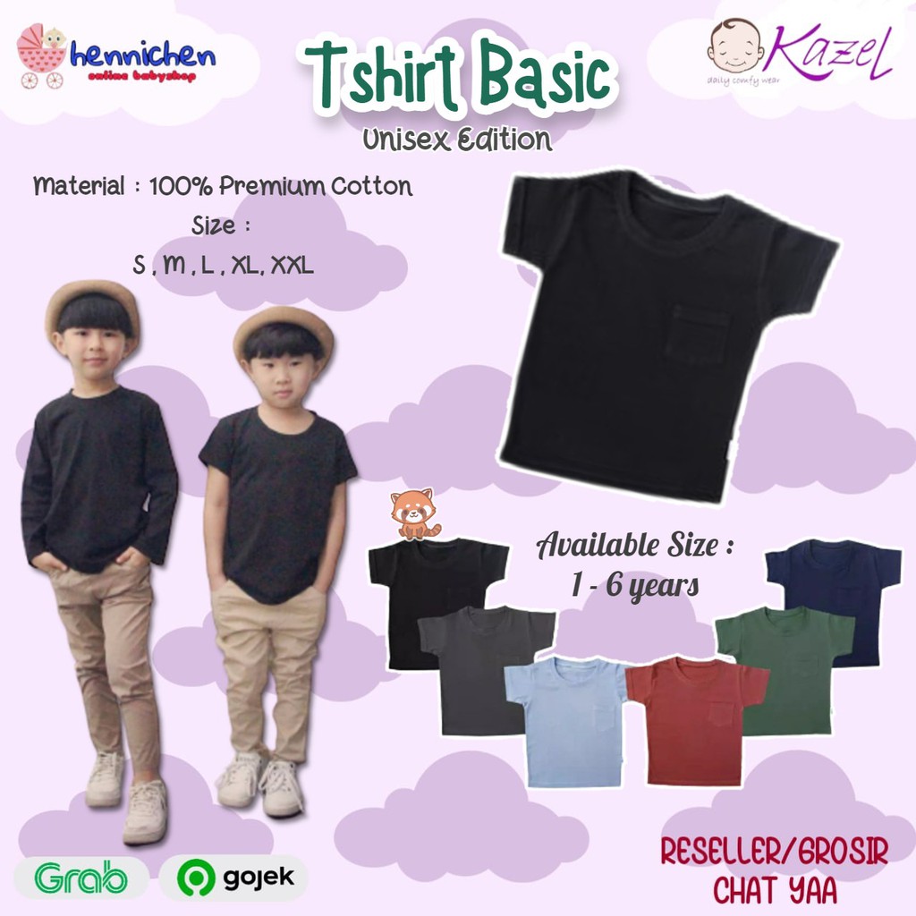 Kazel KAOS ANAK MURAH Tshirt Basic Pocket Unisex Atasn Baju bayi Baju anak Edition 0-5Thn