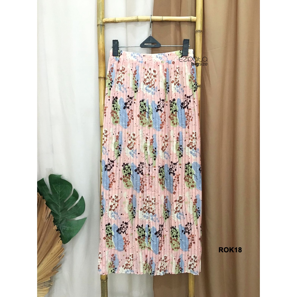 Ezpata Bawahan Wanita Remaja Rok Plisket Skirt Lipit Motif Bunga Floral Fit to XL Full karet Ada Furing Korean Style Kekinian