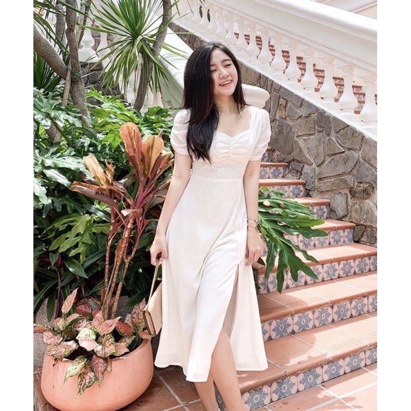 Dress NATHANIA MIDI DRESS KOREAN CASUAL VINTAGE WHITE BLACK DRESS KONDANGAN BEST SELLER