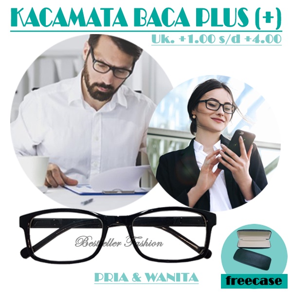 Kacamata baca plus pria wanita murah frame hitam / kacamata membaca lensa plus (+) uk. +1.00 s/d +4.00 rabun dekat unisex FREECASE