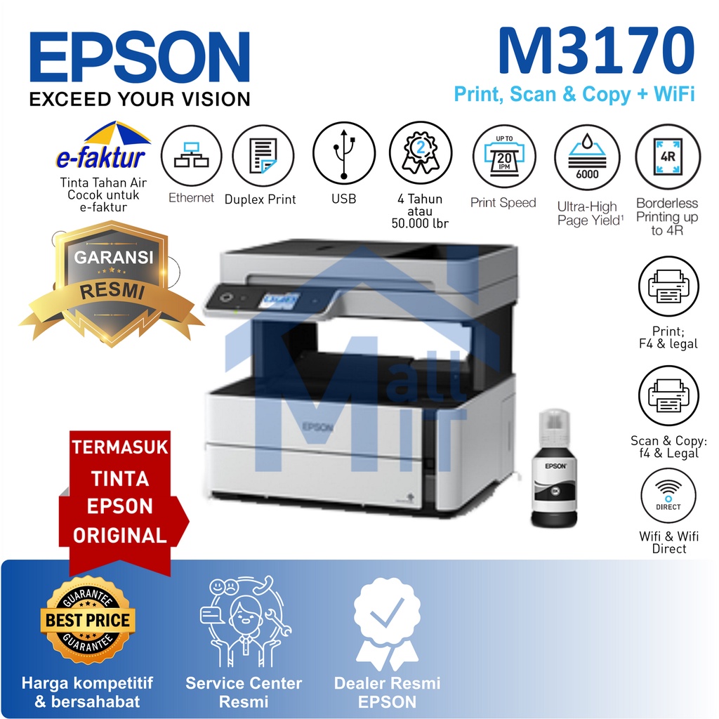 PRINTER EPSON M3170 M-3170 M 3170 INKJET MONOCHROME WiFi ADF F4 Legal Pigment