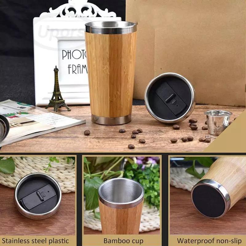 tumbler botol minum bambu 450ml / bamboo coffee cup travel stainless steel / natural mini thermos cup bamboo