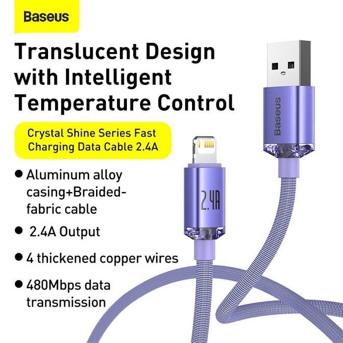 Baseus Crystal Shine Series USB to Lightning 2.4A Cable Data for iPhone 1.2m - Garansi 6 Bulan