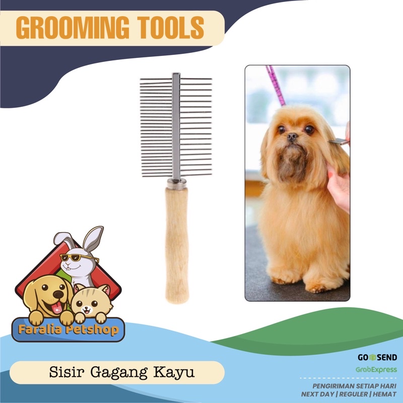 Sisir Bulu Anjing Kucing dengan Ganggang Kayu Grooming Comb Dua 2 Sisi Wood