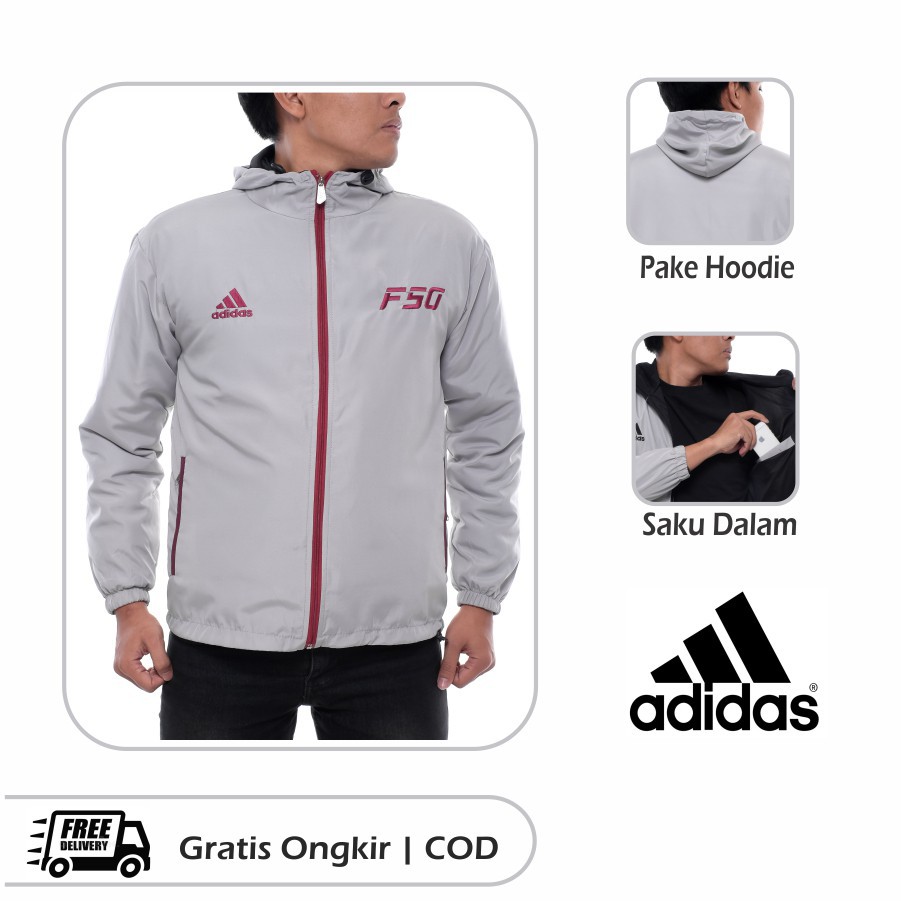 Jaket Pria Adidas Running Parasut Outdor Tracker F50 Abu Strip Maroon