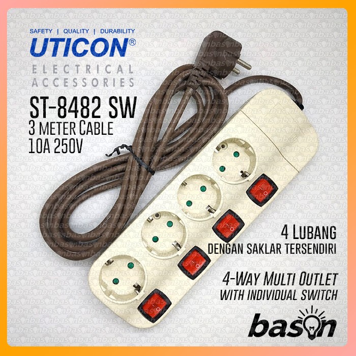 UTICON ST8482SW + 4 Lubang + Kabel 3 Meter - Stop Kontak + Saklar Individual