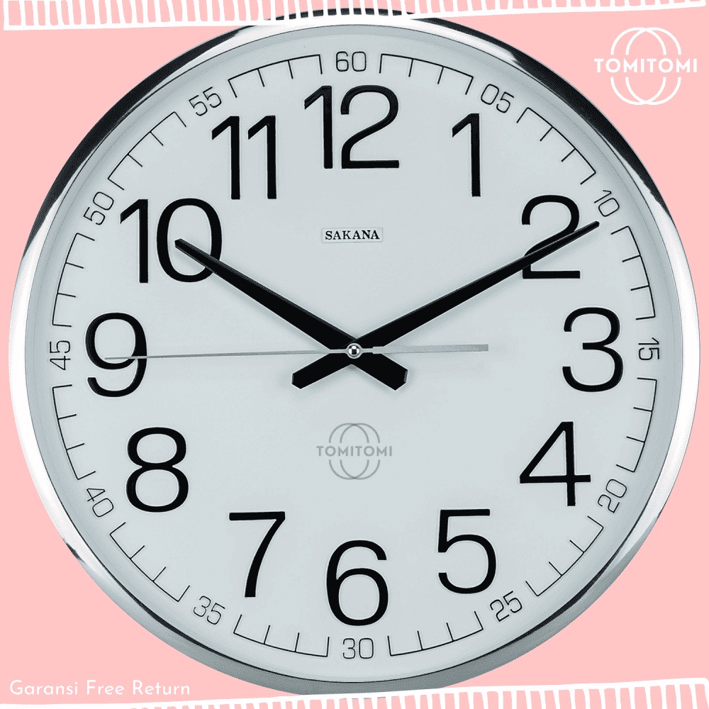 Jam Dinding Analog Dekorasi Kamar Minimalis Unik Besar Sakana 068N Silver Chrome Lucu