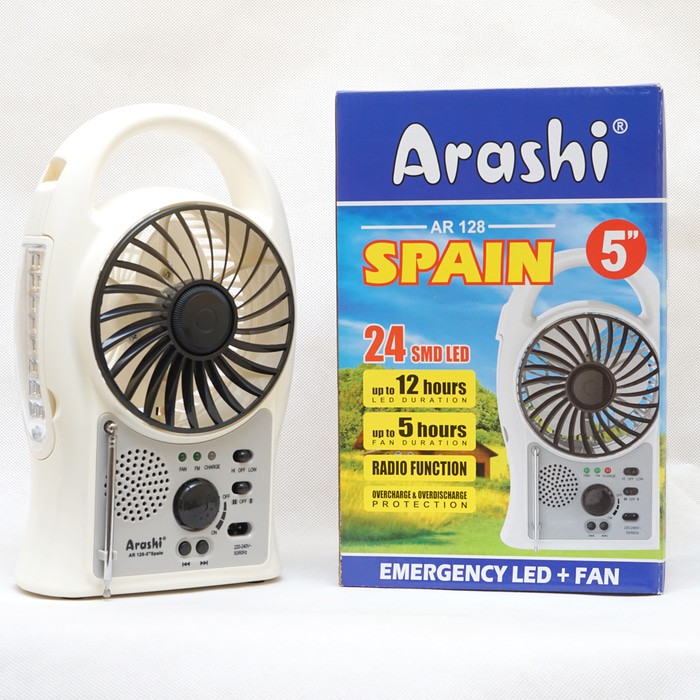 Emergency Kipas Angin,Lampu,Radio 3-in1 Arashi (Spain) 5 inch Portabel - Putih