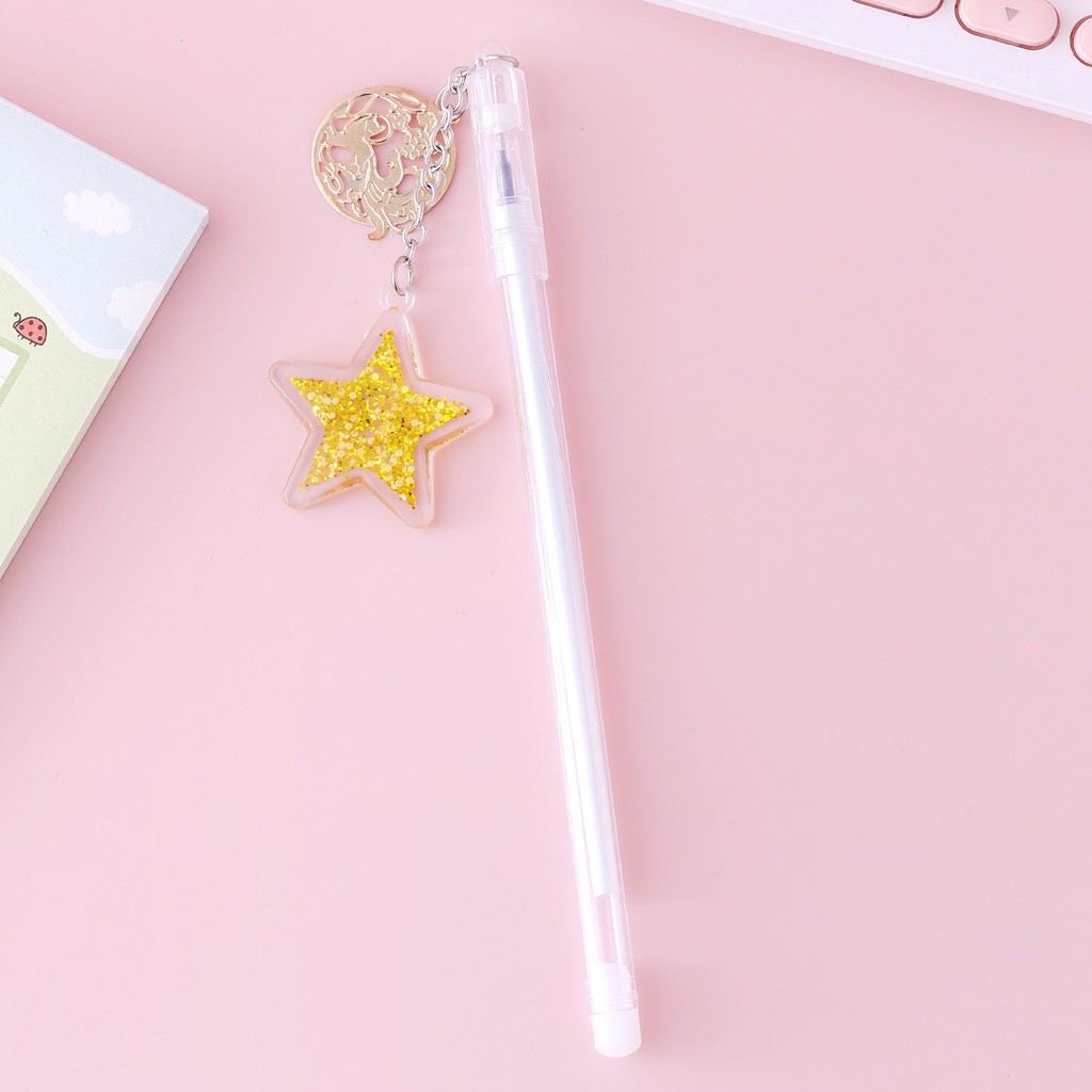 MURMURE.ID | PART 1 PULPEN GEL GANTUNGAN LUCU KARAKTER DENGAN SEQUIN GLITTER BOLPOIN LUCU UNIK PN087-GLDSTR-PUTIH