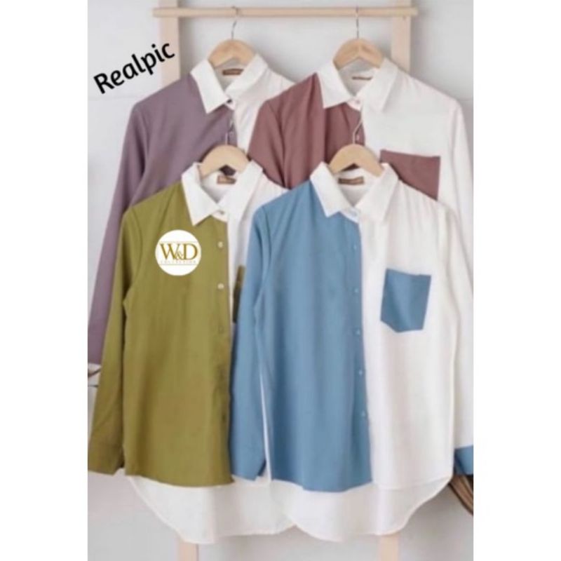 Kemeja Wanita Atasan Blouse Casual Polos Kombinasi Warna Lengan Panjang Baju Cewe Model Pinguin-3