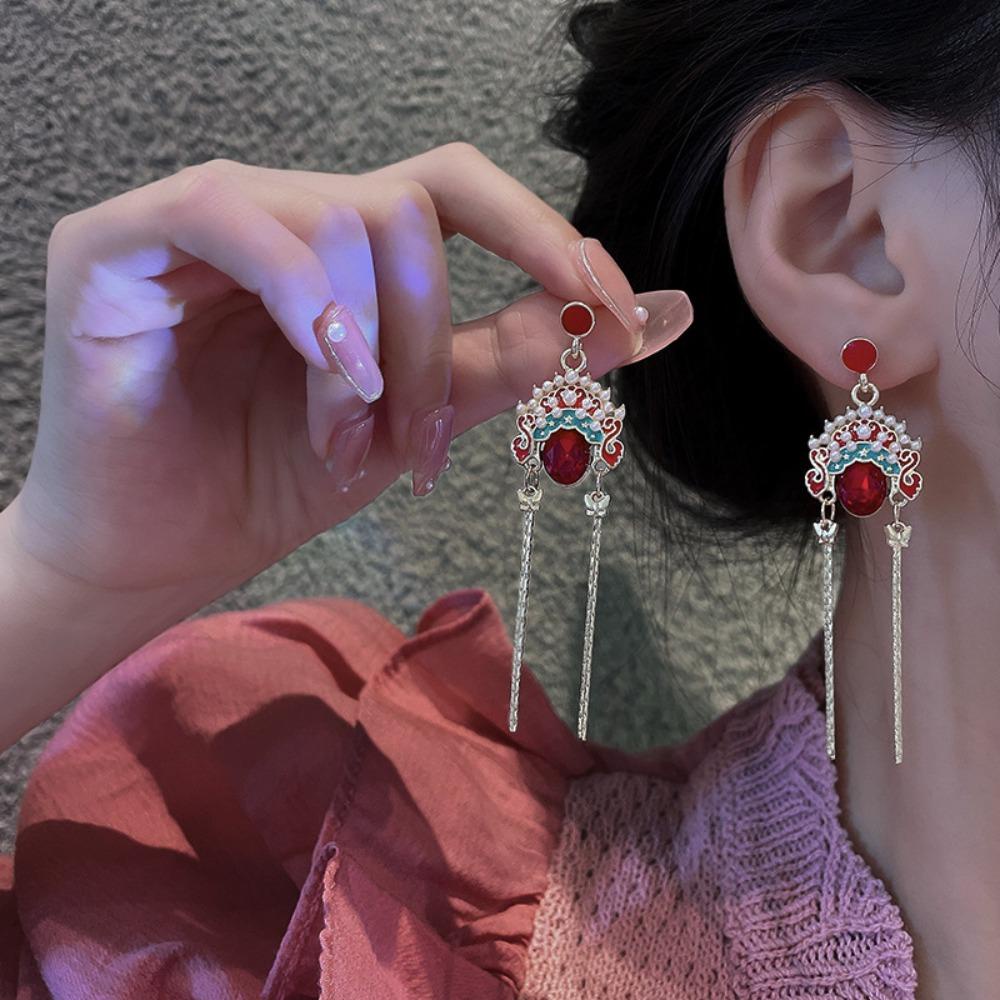 Mxbeauty Anting Tusuk Gantung Rantai Panjang Wanita Hias Mutiara Gaya Beijing Opera China Untuk Hadiah