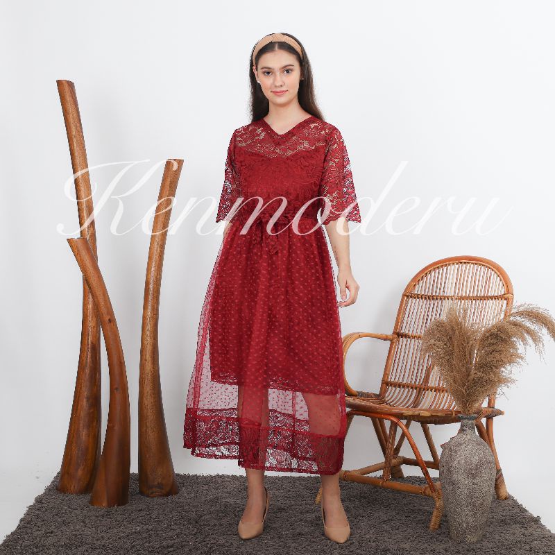 Produk baru Ken-179B Dress Kondangan Dress Pesta Wanita Mewah A-Line Dress Korean Look Style Full Brukat tille dress Non Gliter Free Tali Pinggang